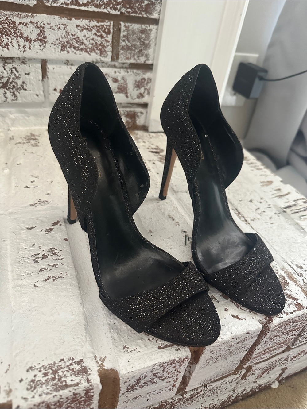 bebe Black Glitter D'Orsay Stiletto Heels
